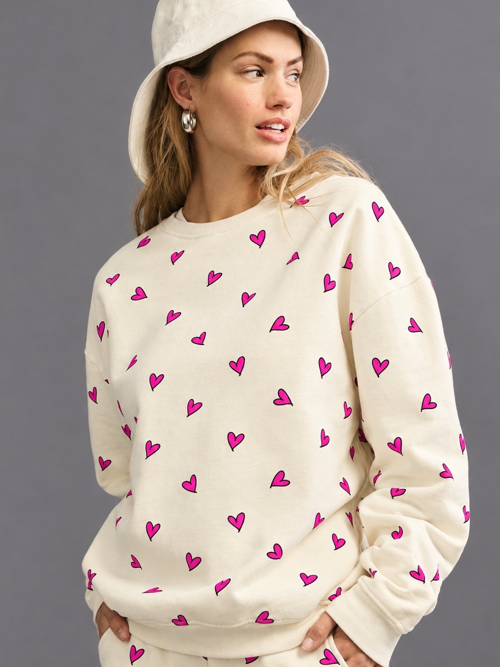 KULE Heart Print Organic Cotton Oversized Coastal Preppy Sweatshirt